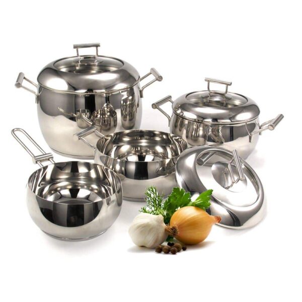 Batería de cocina Napoles 7 piezas en acero inoxidable con ollas y cazo con tapas transparentes