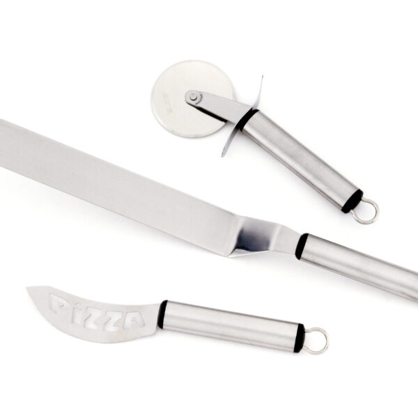 Set cortapizzas acero inox. Pala, disco cortador, cuchillo de pizza.