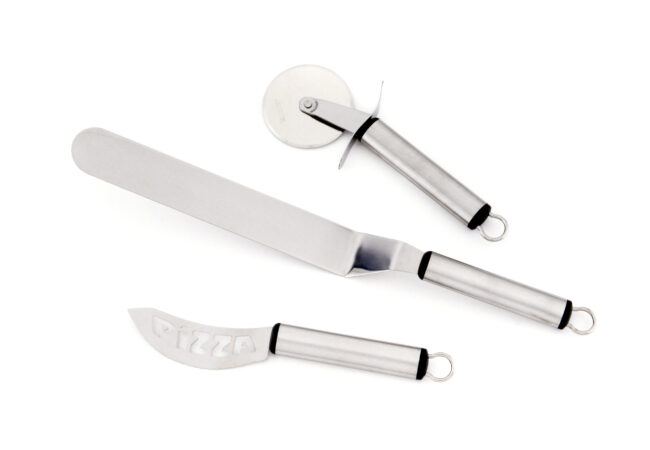 Set cortapizzas acero inox. Pala, disco cortador, cuchillo de pizza.