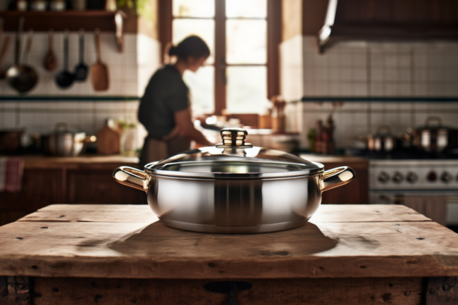 Cazuela baja de acero inox con decoración dorada. cheff paellera . en cocina tradicional
