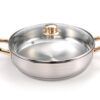 Cazuela baja de acero inox con decoración dorada. cheff paellera .