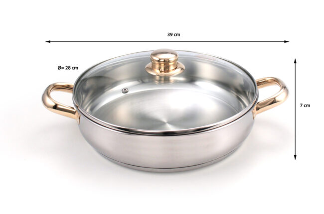 Cazuela baja de acero inox con decoración dorada. cheff paellera .