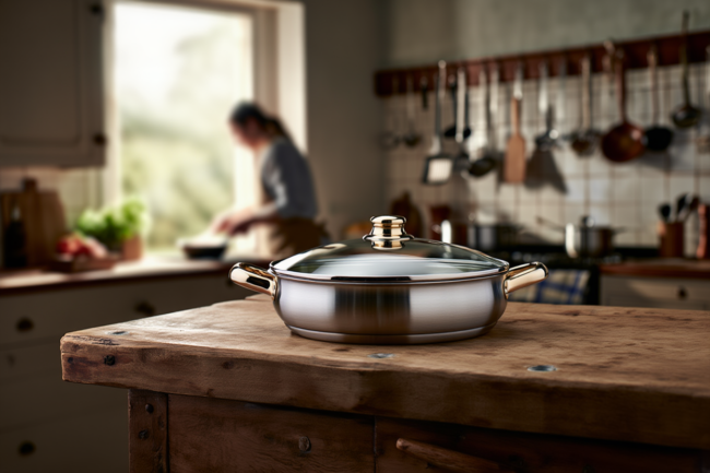 Cazuela baja de acero inox con decoración dorada. cheff paellera . en cocina tradicional