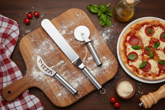 Set cortapizzas acero inox. Pala, disco cortador, cuchillo de pizza.