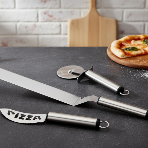 Set cortapizzas acero inox. Pala, disco cortador, cuchillo de pizza.