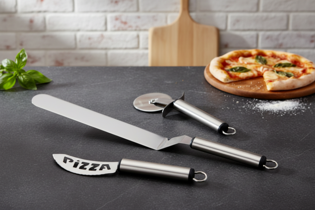 Set cortapizzas acero inox. Pala, disco cortador, cuchillo de pizza.