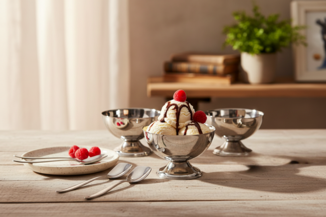 Juego de helado de acero inoxidable para 6 comensales, marca CRC y vendido por Franquihogar.
