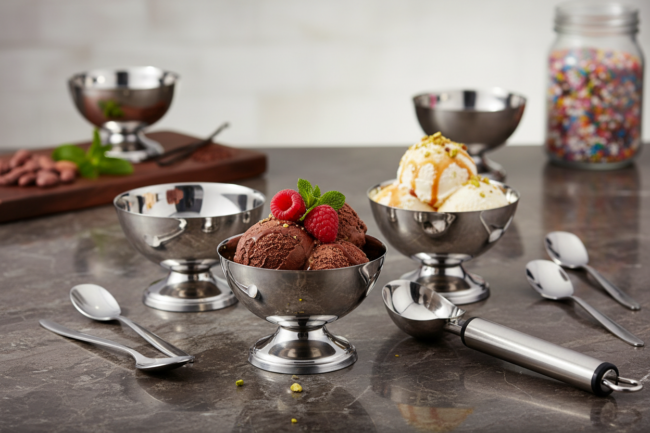 Juego de helado de acero inoxidable para 6 comensales, marca CRC y vendido por Franquihogar.