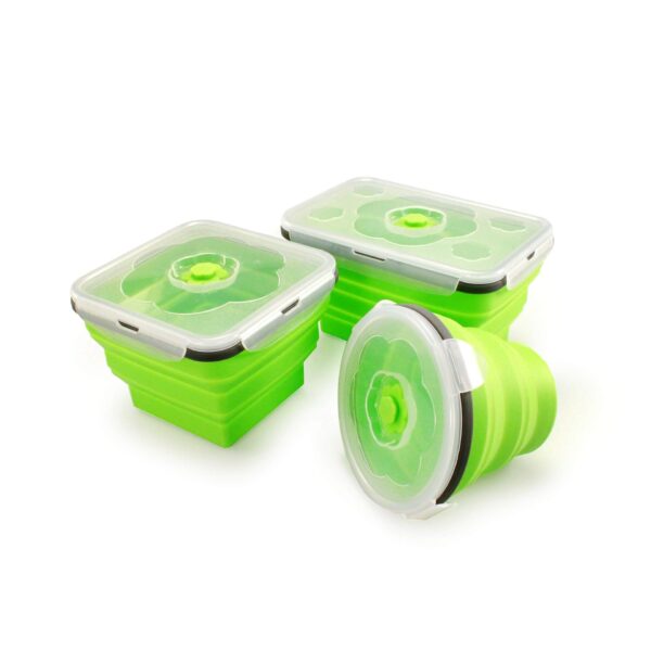 Juego de fiambreras plegables de silicona (3 piezas) Sivita, 1 envase redondo de 60 cl, 1 envase cuadrado de 1 l, 1 envase rectangular de 1,2 l, válvula de vacío y salida de vapor, ultra resistente y sin tóxicos