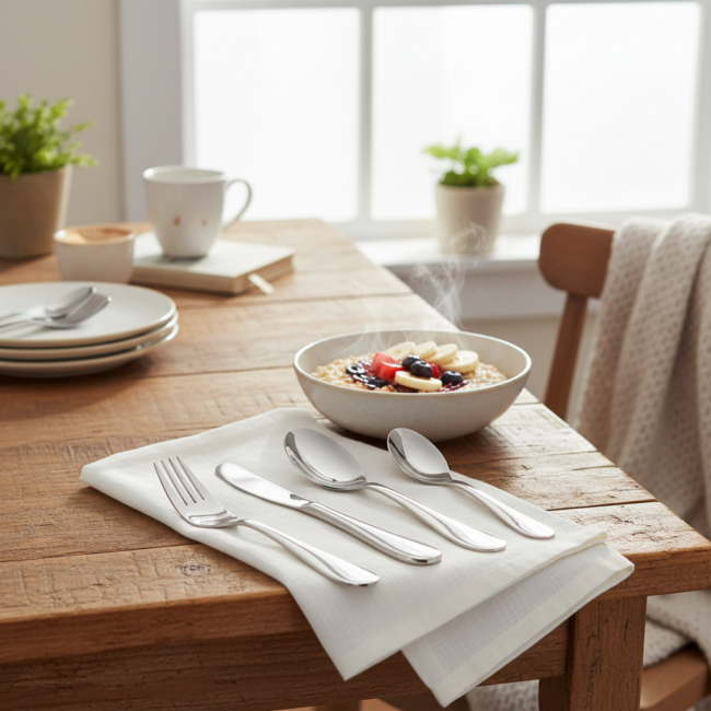 4 cubiertos de niño en una mesa con un plato de cereales calientes.