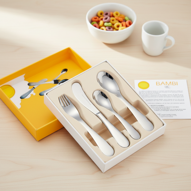 4 Cubiertos de niño en una caja de regalo amarilla.