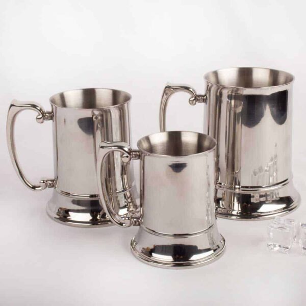 Jarras de Cerveza Grande (3 piezas) en Acero Inoxidable con Asa Estilo Medieval