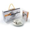 Estuche de presentación,catálogo taza y platillo para café del juego de café de porcelana Melivec de Franquihogar, tu menaje de cocina y hogar