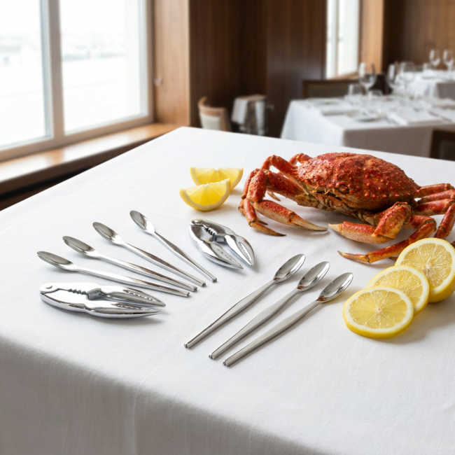 Set de utensilios para marisco con langosta y rodajas de limón sobre una mesa