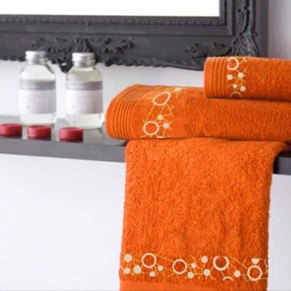 Juego de toallas de baño en algodón (4 piezas), 1 toalla de 70 cm x 140 cm, 1 toalla de 50 cm x 100 cm, 1 toalla de 30 cm x 50 cm, 1 toalla de 16 cm x 22 cm, naranja