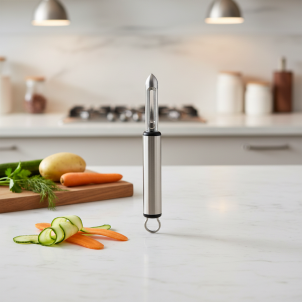 Pelador de frutas y verduras marca CRC, modelo Graff, en acero inoxidable, vendido por Franquihogar.