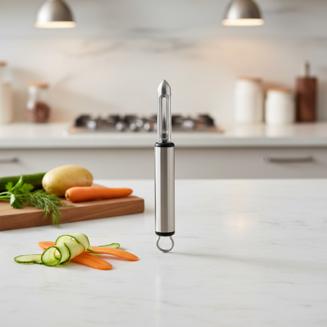 Pelador de frutas y verduras marca CRC, modelo Graff, en acero inoxidable, vendido por Franquihogar.