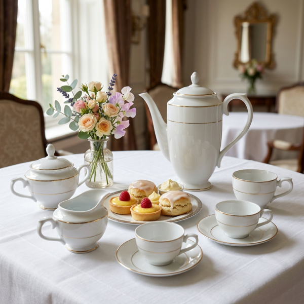Juego de porcelana premium de marca CRC sobre una mesa en un ambiente elegante y cálido.