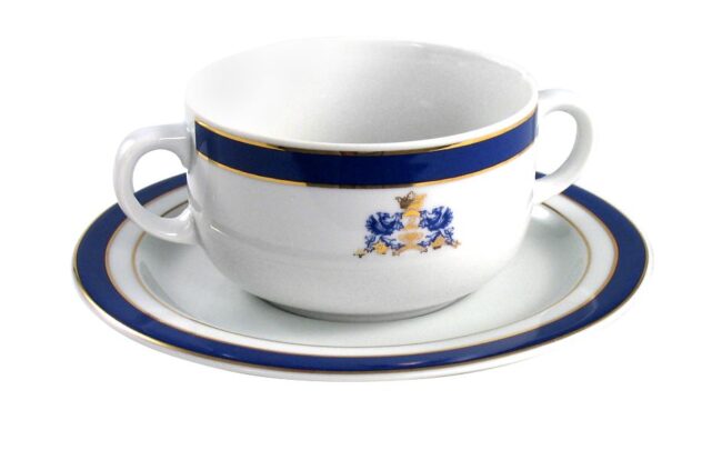 Juego de tazas de consomé con dos asas, porcelana calidad decorado con oro y azul cobalto