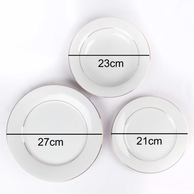 Plato llano de 27 cm, Plato hondo de 24 cm y plato de postre de 21 cm