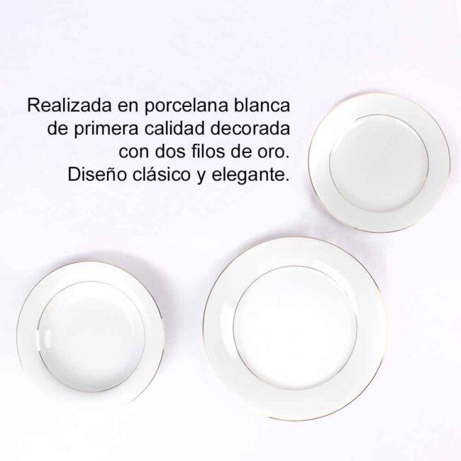 Platos de porcelana blancos 1 servicio: plato hondo, llano y postre con texto