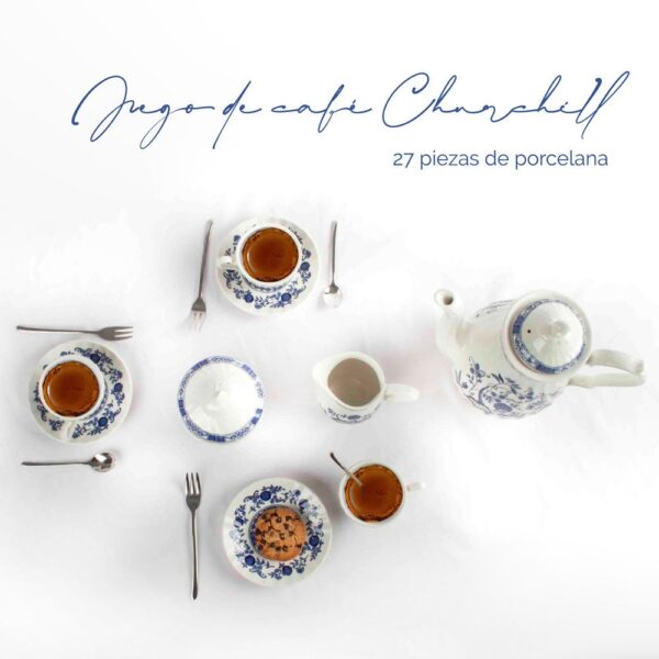 Alternative view of Juego de café de porcelana blanca con motivos florales azules (27 piezas) Churchill, 12 tazas de café, 12 platillos para tazas, 1 lechera, 1 azucarero, 1 cremera