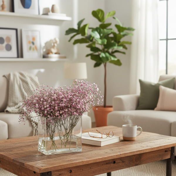 Mesa de madera con flores y café