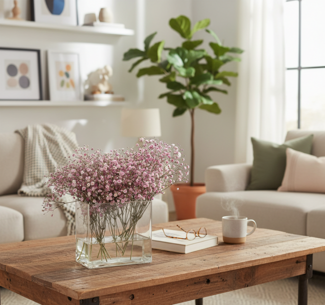 Mesa de madera con flores y café