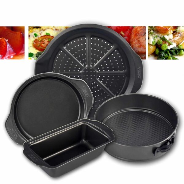 Juego de moldes y recipientes de aluminio antiadherentes para horno (4 piezas) Tadimo, 1 fuente de pizza (35 cm), 1 molde desmontable (24,5 cm), 1 fuente redonda (29,7 cm), 1 molde para pudding (30 cm)