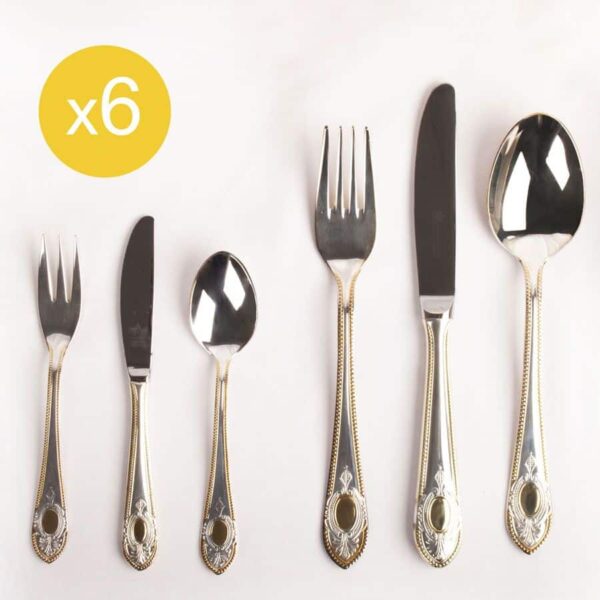 Juego de cubiertos en acero inoxidable 18/10 bañados en oro (36 piezas) Toscana Royal, 6 cucharas, 6 tenedores, 6 cuchillos, 6 cucharas de postre, 6 tenedores de postre, 6 cuchillos de postre