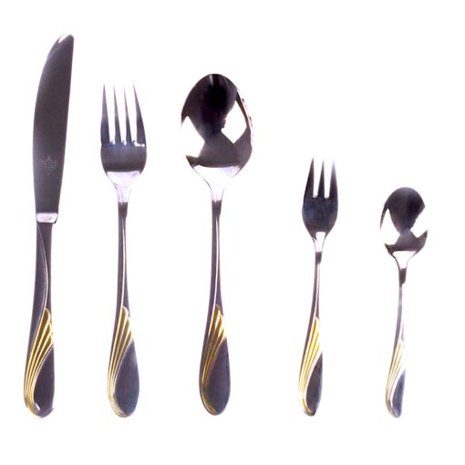cubiertos de acero inoxidable con recubrimiento de baño de oro, sobre fondo blando, 2 cucharas, dos tenedores y un cuchillo