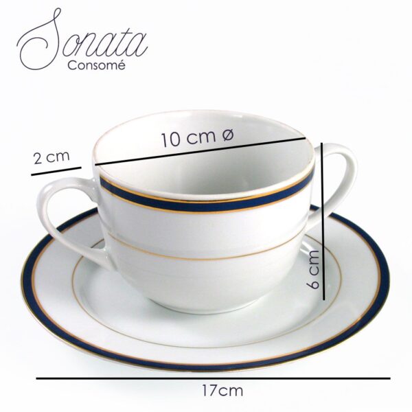 Alternative view of Juego de boles consomé de porcelana blanca (12 piezas) Sonata, 6 boles consomé con asas (33cl), 6 platillos para tazas, con filo de oro