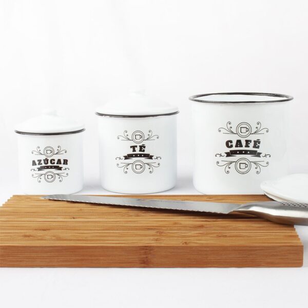 Alternative view of Juego de botes de cocina en acero esmaltado "Café", "Té" y "Azucar" (3 piezas) Palmoapalmo, 1 bote para café (120 cl), 1 bote para té (70 cl), 1 bote para azúcar (36 cl), diseño vintage