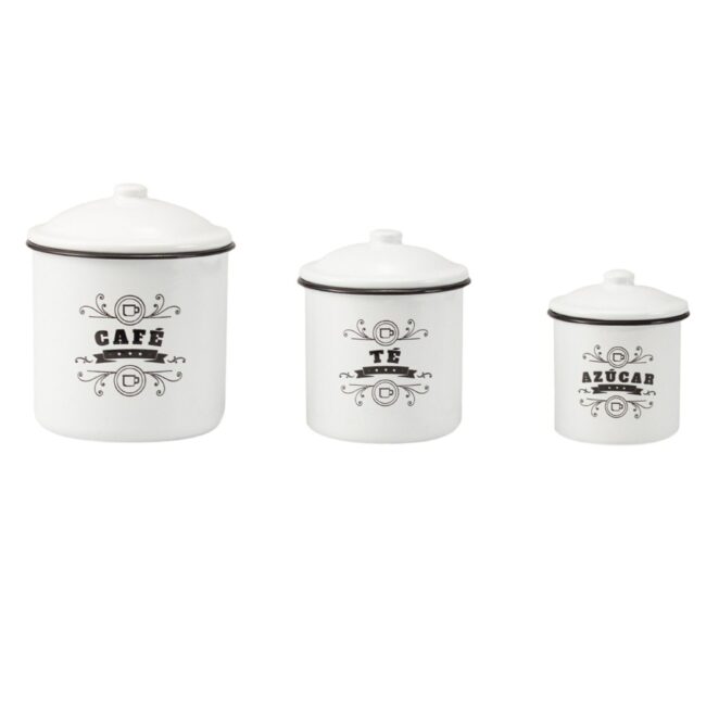Juego de botes de cocina en acero esmaltado "Café", "Té" y "Azucar" (3 piezas) Palmoapalmo, 1 bote para café (120 cl), 1 bote para té (70 cl), 1 bote para azúcar (36 cl), diseño vintage 1 botes cafe vintage principal