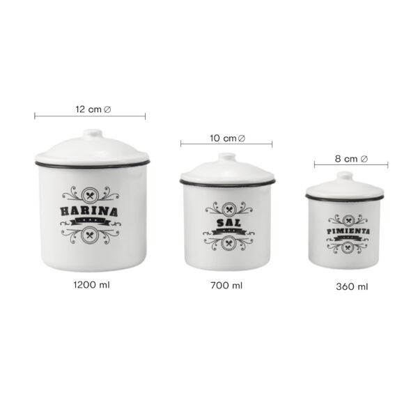 Alternative view of Juego de 3 Botes Vintage de Cocina – Acero Esmaltado para Harina, Sal y Pimienta | Estilo Retro Hipster para Hogar, Camping o Furgoneta Camper