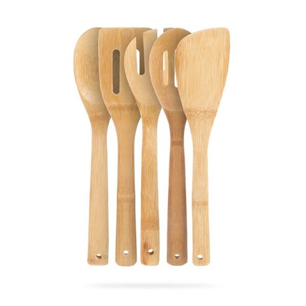 Alternative view of Juego de utensilios de bambú para cocina (6 piezas) Bamboo Natur, 1 bote de bambú con agujeros, colgable y con base estable, 5 cuchas de bambú