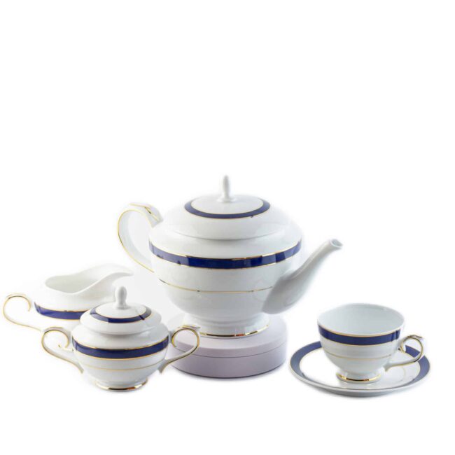 Juego de té de porcelana blanca con filo de oro y azul cobalto (27 piezas) Royal Blue, 12 tazas de té, 12 platillos para tazas, 1 tetera, 1 lechera, 1 azucarero 1 royal blue te