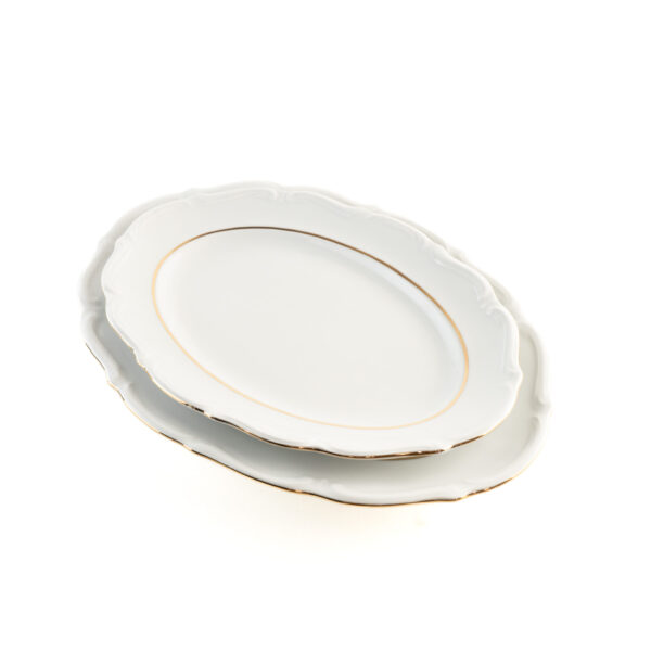 RHEIN Juego de 2 Fuentes Ovaladas para Servir, Porcelana Blanca con Borde Dorado - 33x22 cm para Sushi, Entradas, Canapés o Postres - Elegantes para Buffet, Eventos y Fiestas