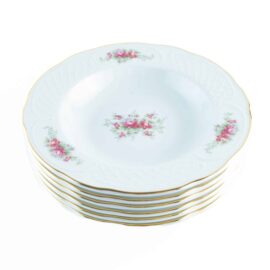 Juego de Platos Hondos de Porcelana Blanca (6 piezas) Bidasoa Irina, Motivos Florales con Filo de Oro, Elegante para Cenas, Excelente como Regalo
