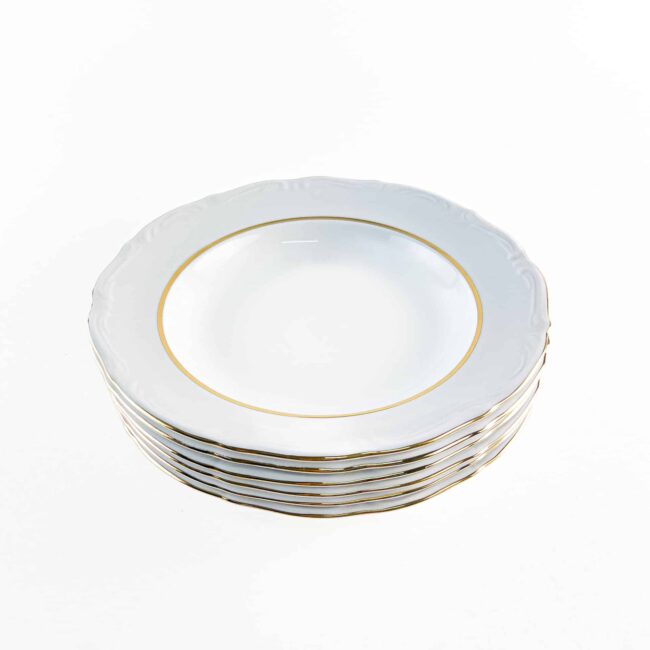 Juego Platos Hondos de Porcelana Blanca (6 piezas)Rhein con Borde Dorado – Vajilla de filo de oro para Sopas cremas. Celebraciones y regalos 1 2RHEIN 6 HONDOS