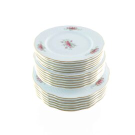 Vajilla de porcelana blanca (18 piezas) Bidasoa Irina 6 platos llanos, 6 platos hondos y 6 platos de postre con motivos florales y filo de oro