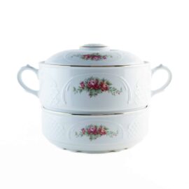 Juego de Porcelana (2 Piezas) Bidasoa Irina, Sopera con tapa y ensaladera, Diseño floral con filo dorado, Vajilla clásica y elegante para mesa, celebraciones y regalo especial