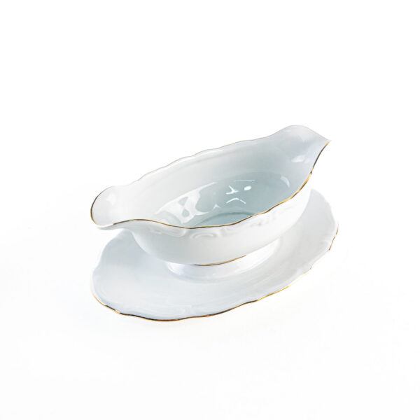 Salsera de Porcelana Blanca (1 pieza) Rhein con Filo Dorado, Vajilla Elegante, Servir en Mesa y Regalo Especial