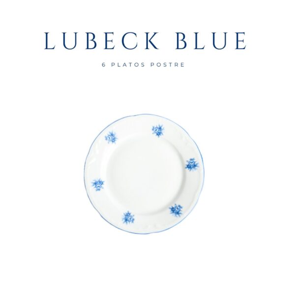 FranquiHogar - Set de 6 Platos Postre Porcelana Premium Lubeck Blue - Diseño Elegante con Flores Azules - Apto para Microondas y Lavavajillas - Blanco y Azul