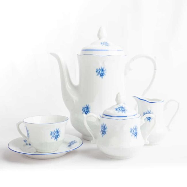vajilla CREMERA LECHERA CAFE AZUCARERO lubeck blue porcelana blanca fine porcelain TAZA
