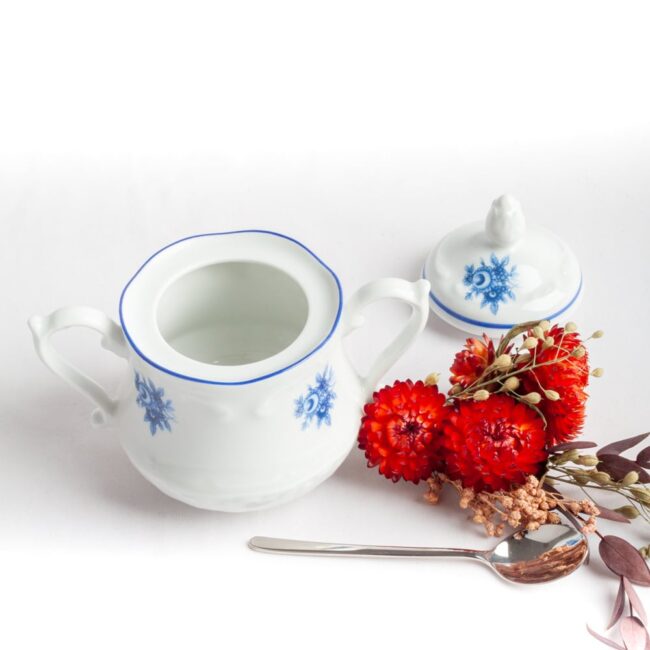 vajilla CREMERA LECHERA CAFE AZUCARERO lubeck blue porcelana blanca fine porcelain TAZA