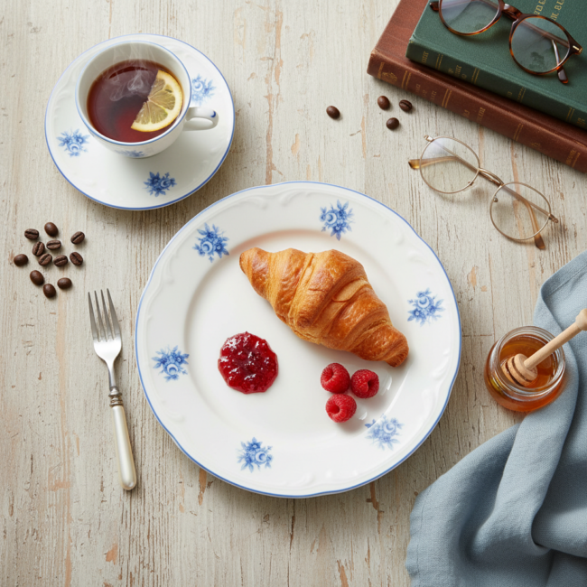 Plato de postre CRC de porcelana blanca con flores azules. Con un cruasán y una taza de té sobre una mesa