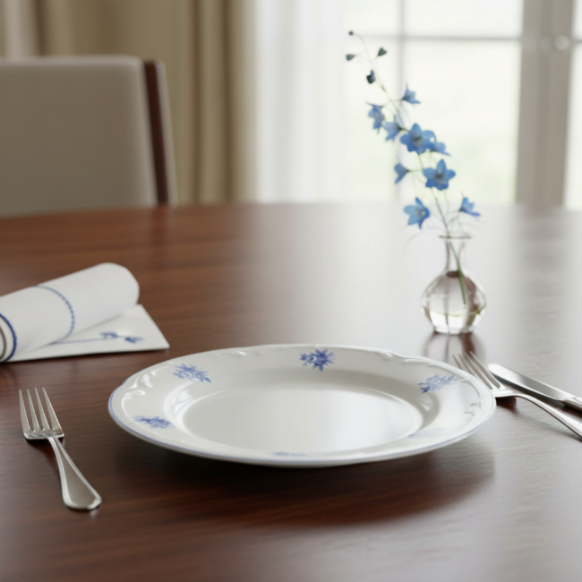 Plato de postre CRC de porcelana blanca con flores azules. Sobre mesa de madera, con una ventana al fondo.