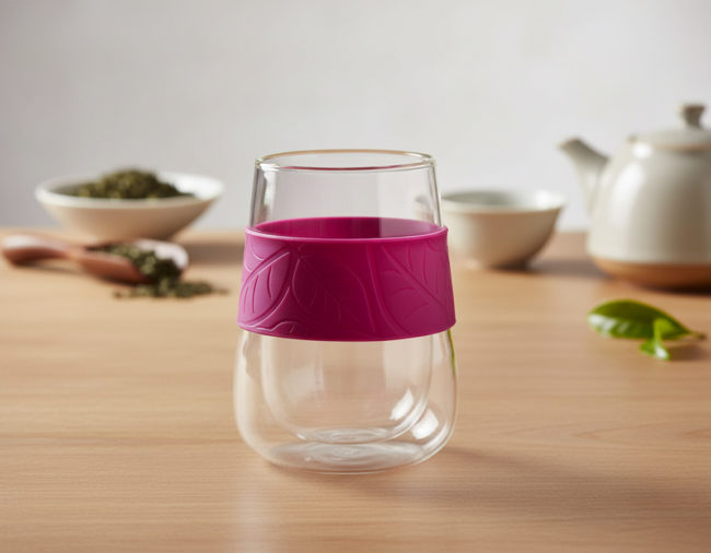 Vasos de doble pared de borosilicato sobre una mesa de madera con una tetera al fondo.