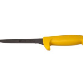 Cuchilo deshuesador 13cm Steal beta pro, con empuñadura amarilla, fondo blanco